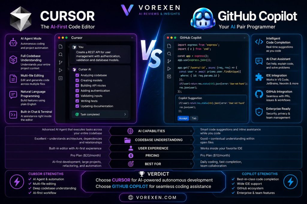 Cursor vs GitHub Copilot (2026): Complete Comparison, Features, Pricing & Best Choice